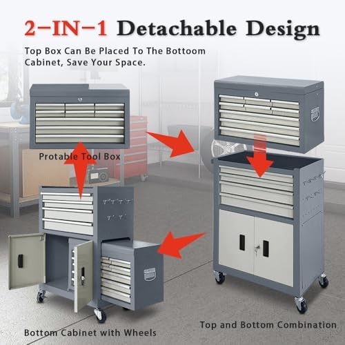 13-Drawer Rolling Tool Chest with Double Door Handle, 2-in-1 Detachable Metal Storage Cabinet with Wheels and Lock, Large Capacity Tool Box for Garage, Gift for Men Dad Husband Fathers(Grey) - Image 6