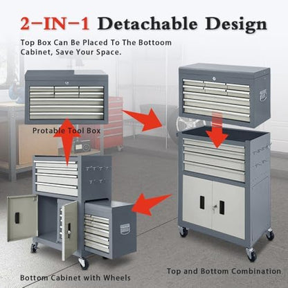 13-Drawer Rolling Tool Chest with Double Door Handle, 2-in-1 Detachable Metal Storage Cabinet with Wheels and Lock, Large Capacity Tool Box for Garage, Gift for Men Dad Husband Fathers(Grey) - Image 6