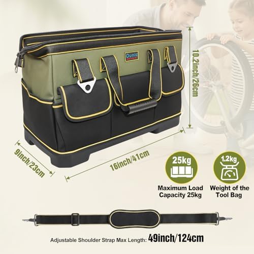 Tool Bag, Ounic 16 Inch BigTool Tote Bag Heavy Duty With Waterproof Molded Base, Wide Mouth Tool Box Organizer with Adjustable Shoulder Strap for Electrician Mechanic Craftsman Plumbers(Green) - Image 2