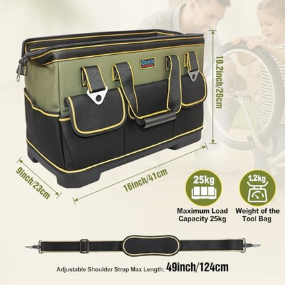 Tool Bag, Ounic 16 Inch BigTool Tote Bag Heavy Duty With Waterproof Molded Base, Wide Mouth Tool Box Organizer with Adjustable Shoulder Strap for Electrician Mechanic Craftsman Plumbers(Green) - Image 2