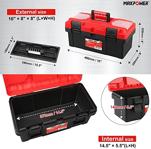 MAXPOWER Tool Box 16 inch, Plastic Small Tool Box with Latch Removable Tray - Image 2