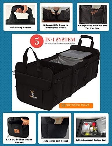 Tuff Viking Convertible Large 3 Compartment SUV Trunk Organizer with Cover | Truck Bed Organizer | for Trucks, Cars, SUVs and Groceries with Tie Down Straps. (5 in 1, Black) - Image 3