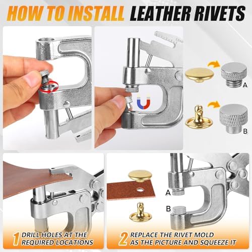 Leather Rivets Press Tool Kit – 160 Sets Double Cap Rivets with Installation Pliers, Leverage Design & Non-Slip Handle for Leather, Fabric, Clothing, Leathercraft Repair（4 Colors, 2 Sizes） - Image 6