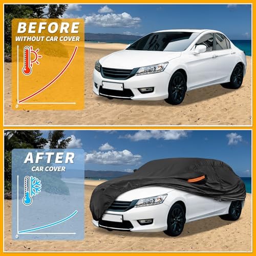 Universal Car Cover Waterproof All Weather 210D-PU, UV Sun Rain Protection, Fits for Sedan Length 178"-186", with Left Side Zipper, Black - Image 4