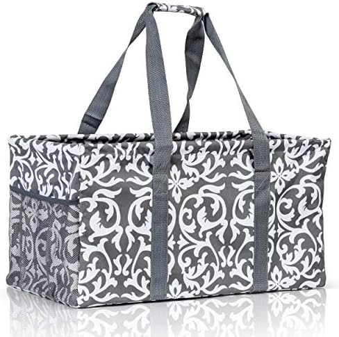 Extra Large Utility Tote Bag - Oversized Collapsible Reusable Wire Frame Rectangular Canvas Basket With Two Exterior Pockets For Beach, Pool, Laundry, Car Trunk, Storage - Damask Gray by Lucazzi