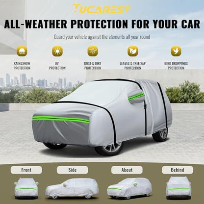 TUCAREST 6-Layers Premium Full Car Cover Hard Shell Zipper Design Waterproof All Weather Weatherproof UV Sun Protection Snow Dust Storm Resistant Outdoor with Straps (Fit for SUV/MPV 201"- 211") - Image 4
