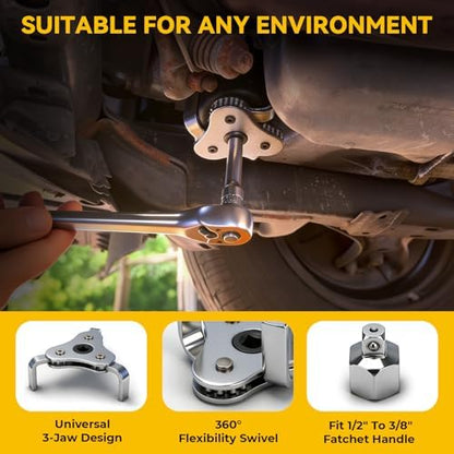 KELIN Oil Filter Wrench Set 8PCS, 9"&12" Oil Filter Pliers | 4 Swivel Band Wrenches (2-3/4" to 5-1/4") | 3-Jaw Universal Adapter for 3/8" 1/2" Ratchet, Oil Filter Removal Tool for Car Truck SUV ATV - Image 5