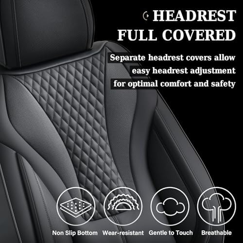 Coverado Waterproof Nappa Leather Car Seat Covers Full Set, 5-Seat Car Seat Protector, Front & Rear Cushions Fit for Most Sedans, SUVs,Trucks，Black - Image 6
