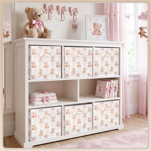 Geelin 6 Pcs Bow Bear Cube Storage Bins 11 in Storage Basket with Handle - Image 6