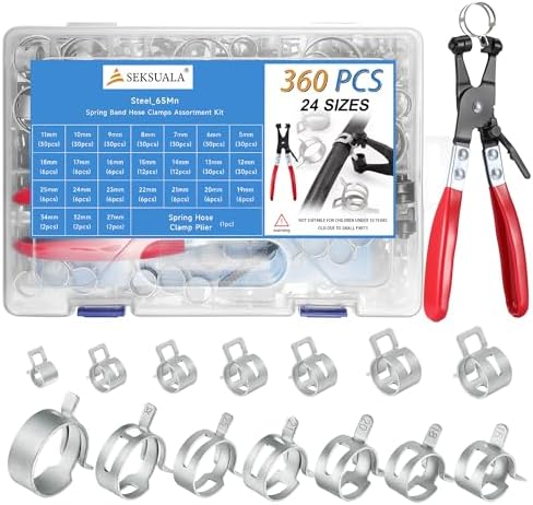 360Pcs 1/5" to 1-3/8" (5-34mm) Spring Band Hose Clamps Assortment Kit with Swivel Flat Hose Clamp Plier, SEKSUALA Constant Tension Steel Clamps for Fuel Lines, Silicone,Vacuum Hoses (Grey) by Choosewhatyouneed