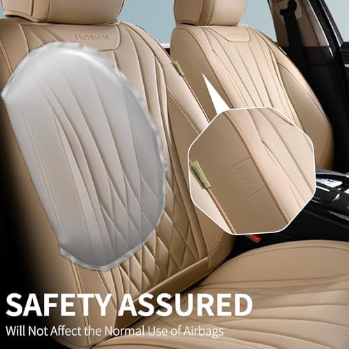 FLORICH Universal Seat Covers Full Set, 5 Seats Leather Seat Covers for Cars, Waterproof & Breathable Nappa Leather Car Seat Protector Fit for Most Cars - Beige - Image 3
