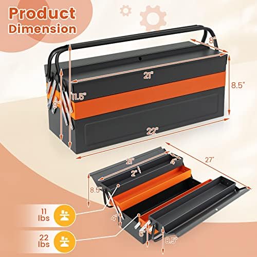 S AFSTAR 22" Tool Box, 3-Layer Metal Toolbox with 5 Trays, Full-Length Handles & Lock Hole Design, Portable Storage Toolbox Tool Organizer for Household Warehouse Repair Shop, Free Assembly - Image 4