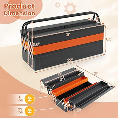S AFSTAR 22" Tool Box, 3-Layer Metal Toolbox with 5 Trays, Full-Length Handles & Lock Hole Design, Portable Storage Toolbox Tool Organizer for Household Warehouse Repair Shop, Free Assembly - Image 4