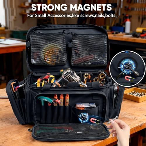 Heavy Duty Tool Bag Organizer with Strong Magnets & Detachable Pouches, Tactical Tool Tote for Men, Multiple Pockets, Anti-Friction Bottom Utility Tool's Bag for Electrician,Mechanic - Image 3