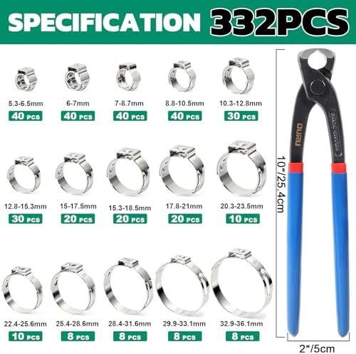 OURU 332PCS Single Ear Hose Clamps with Ear Clamp Plier, 5.3-36.1mm,15Sizes - Image 2