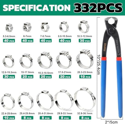 OURU 332PCS Single Ear Hose Clamps with Ear Clamp Plier, 5.3-36.1mm,15Sizes - Image 2