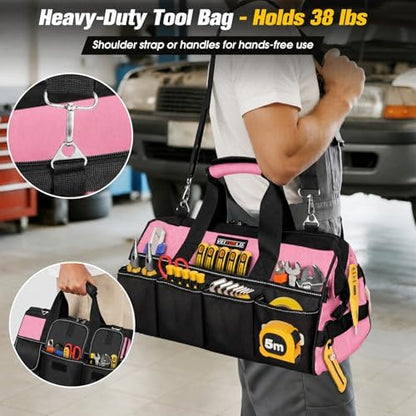 Veitorld 16-Inch Tool Bag Tool Box Organizer, Heavy Duty Tool Organizer with 19 Pockets, Wide Mouth Design for Easy Access, Portable Tool Tote Gift for Women and Men, Garage, Workshop, Pink - Image 6