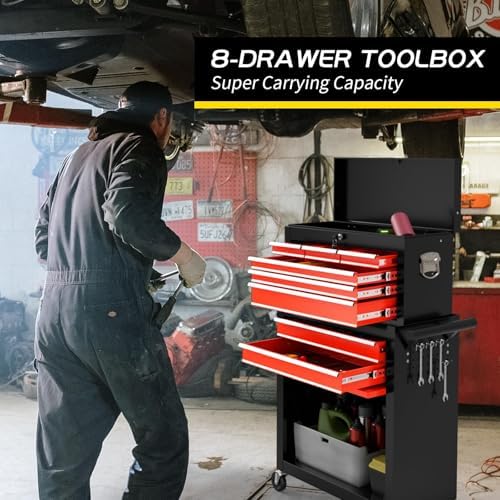 On Shine 8 Drawer Rolling Tool Chest, Large Capacity Rolling Tool Box with Wheels, Locking Mechanical Tool Chest, Portable Tool Box with Sliding Drawers for Garage Workshop and Tool Room (Black Red) - Image 4