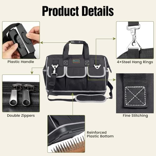 Tool Bag, Ounic 18 Inch Large Tool Tote Bag Heavy Duty With Waterproof Molded Base, Wide Mouth Tool Box Organizer with Adjustable Shoulder Strap for Electrician Mechanic Craftsman Plumbers(Black) - Image 4