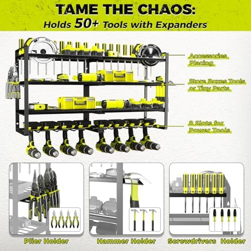 KAFAHOM Power Tool Organizer-8 Drill Holder Wall Mount,4 Layer Heavy Duty Metal Power Tool Storage Rack,Garage Tool Organizer and Storage with Screwdriver Holder/Plier Holder/Hammer Holder - Image 2