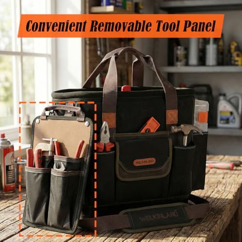 WELKINLAND 50-Pocket Electrician Tool Tote, 14" Waxed-Canvas HVAC Tool Bag - Image 3