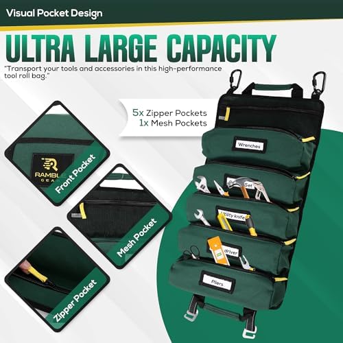 Roll Up Tool Bag Organizer – Heavy Duty Canvas Tool Roll Bag, Tool Roll Up with 5 Oversized Labeled Pockets & Carabiners, Portable Roll Up Tool Organizer for Mechanic, Truck & Car (Green) - Image 3