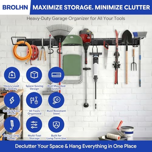 64 Inches Garage Tool Organizer Wall Mount, 920LBS Capacity Garden Tool Rack with Adjustable Hooks for Shovels, Rakes, Snowboard, Yard Tools & Men Gifts - Image 2