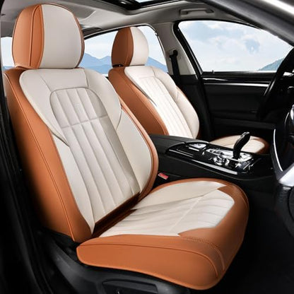 FLORICH Car Seat Covers Full Set, Leather Seat Covers for Cars, Waterproof Car Seat Protectors 5 Seats, Front and Rear Seat Covers for Cars, Automotive Seat Protector Fit for Most Car SUV - BrownBeige - Image 2