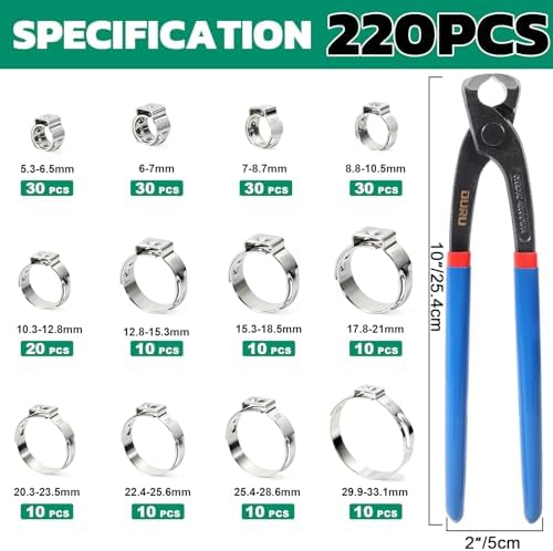OURU 220PCS Single Ear Hose Clamps with Ear Clamp Plier, 5.3-33.1mm,12Sizes - Image 2