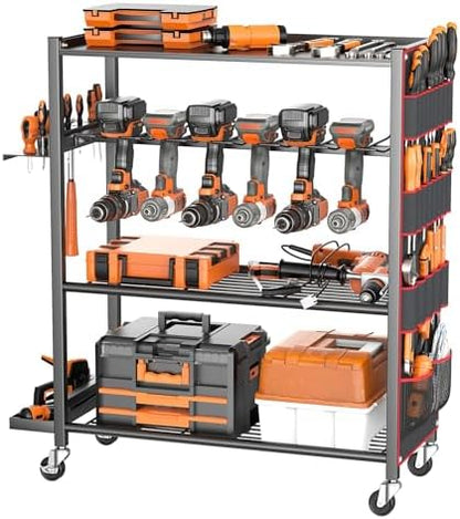 TORACK Rolling Power Tool Storage Cart, 4-Tier Large Drill Organizer with Slots for 12 Drills, Freestanding Cordless Tool Rack with Wheels for Garage & Workshop by TORACK