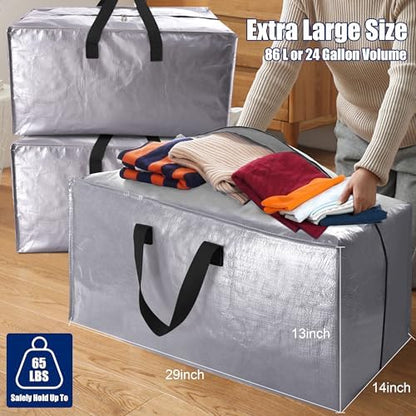 Cosy Family 4 Pack Heavy Duty Extra Large Moving Bags with Backpack Straps - Strong Handles & Zippers, Storage Totes For Space Saving, Fold Flat, Alternative to Moving Box (X-Large-Set of 4, Silver) - Image 6