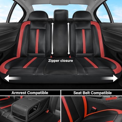 Coverado Leather Car Seat Covers Full Set & Carbon Fiber, Waterproof and Durable All Weather Protector, Universal Fit for SUV, Pickup Truck, Sedan, Automotive Vehicle Interior, Black&Red - Image 6