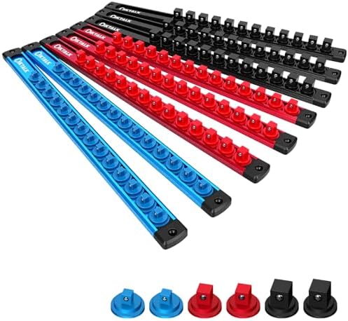 8PC Magnetic Socket Organizer Set, for 1/2″ 3/8″ 1/4″ Drive with 3 Black 3 Red 2 Blue Trays, 360° Swivel Removable Clips, Heavy Duty Aluminum Alloy Rail for Tool Box Drawer by DikTalk