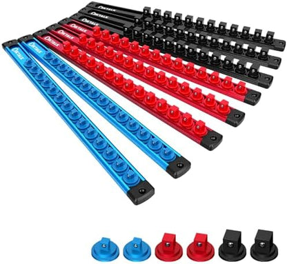 8PC Magnetic Socket Organizer Set, for 1/2″ 3/8″ 1/4″ Drive with 3 Black 3 Red 2 Blue Trays, 360° Swivel Removable Clips, Heavy Duty Aluminum Alloy Rail for Tool Box Drawer by DikTalk