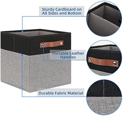 Temary 11 x 11 Cube Storage Bins Fabric Storage Cubes for Shelf, Closet, 4 Pack Cube Basket for Clothes, Storage Cube Bins with Leather Handles(Black&Grey) - Image 3