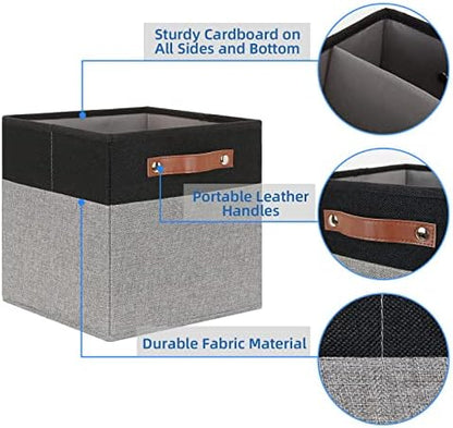 Temary 11 x 11 Cube Storage Bins Fabric Storage Cubes for Shelf, Closet, 4 Pack Cube Basket for Clothes, Storage Cube Bins with Leather Handles(Black&Grey) - Image 3
