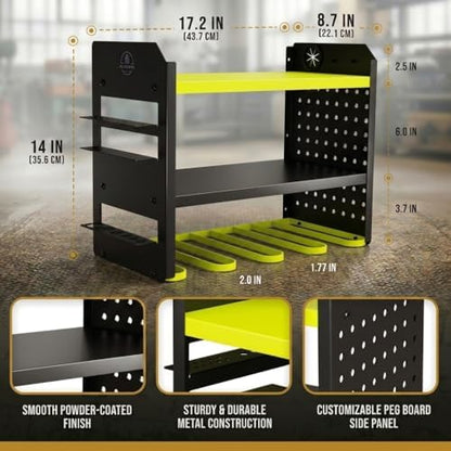 BUILTSTRONG Power Tool Organizer Wall Mount – 3-Tier Heavy-Duty Steel Rack, 4 Drill Slots, Pegboard + Utility Side, 100 lb Capacity – Garage, Workshop & Shed Storage (Green) - Image 4