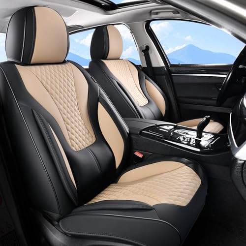 Coverado Waterproof Nappa Leather Car Seat Covers, Automotive Seat Covers，Front Car Seat Cushion & Car Seat Protector, Black&Beige Seat Covers Universal Fit for Most Cars, SUVs, Trucks by COVERADOAUTO