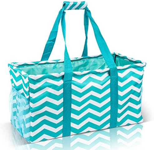 Extra Large Utility Tote Bag - Oversized Collapsible Reusable Wire Frame Rectangular Canvas Basket With Two Exterior Pockets For Beach, Pool, Laundry, Car Trunk, Storage - Chevron Teal by Lucazzi