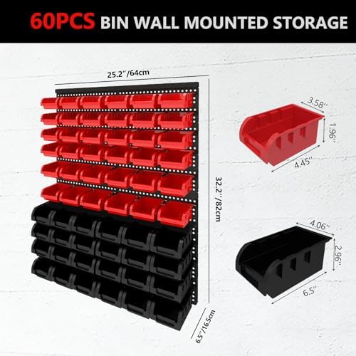 60Pcs Plastic Wall Mounted Storage Bins Parts Rack Nuts And Bolt Bins Organizer For Shop Garage for Screws, Nuts, Bolts, Nails, Beads, and Small Hardware Parts(RED+BLACK, 60) - Image 2