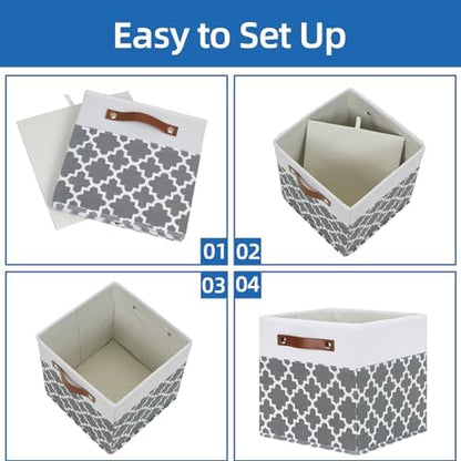 Temary 11x11x11 Cube Storage Bins Cube Organizer Bins 4 Pack Canvas Storage Bin for Home, Cube Storage Basket with Leather Handles(Grey Lattice) - Image 7