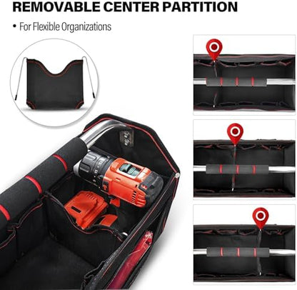 HAUTMEC 18" Foldable Tool Tote, Open Top Tool Bag with Removable Divider & Stiff Frame, 23-Pockets Electrician Tool Bag with Padded Steel Handle, Shoulder Strap & Water-Resistant Hard Base – HT0020 - Image 4