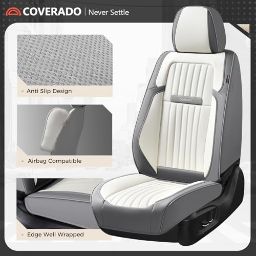 Coverado Car Seat Covers Full Set, Seat Covers for Cars, Car Seat Cover, Car Seat Protector, Leather Car Seat Cushion, Waterproof Car Seat Covers Front Seats and Back Fit for Most Cars(Gray&White) - Image 6