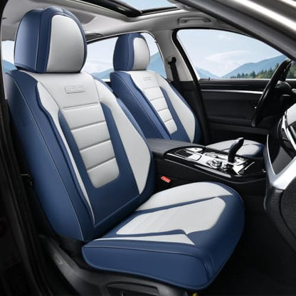 Coverado Car Seat Covers Front, Seat Covers for Cars, Waterproof 2-Pack Car Seat Cushions, Leather Carseat Seat Protectors, Universal Seat Covers Fit for Most Sedans SUV Pick-up Trucks(Blue&White) by COVERADOAUTO