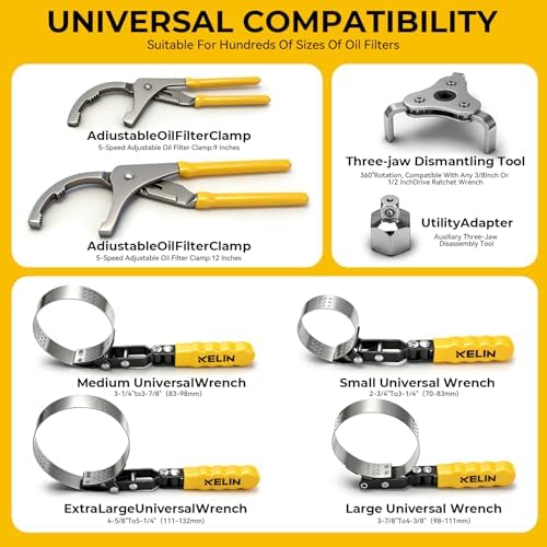 KELIN Oil Filter Wrench Set 8PCS, 9"&12" Oil Filter Pliers | 4 Swivel Band Wrenches (2-3/4" to 5-1/4") | 3-Jaw Universal Adapter for 3/8" 1/2" Ratchet, Oil Filter Removal Tool for Car Truck SUV ATV - Image 2