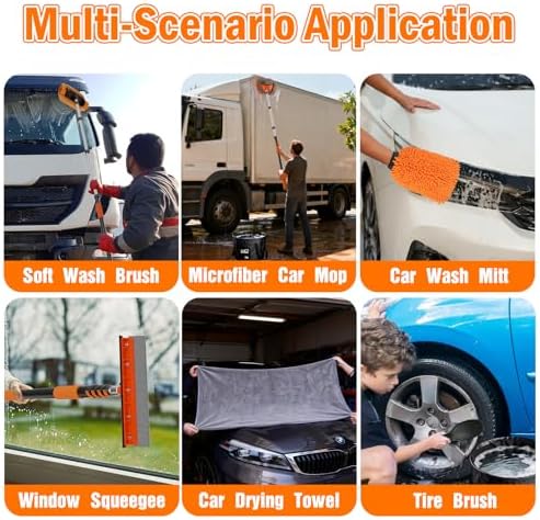 LAANPOLE 16FT Car Wash Brush with Long Handle, Car Cleaning Kit with Soft Bristle Wash Brush, Microfiber Cleaning Mop, Window Squeegee, Mitt, Wheel Brush, Bucket, Drying Towel for RV, Truck, Boat - Image 4