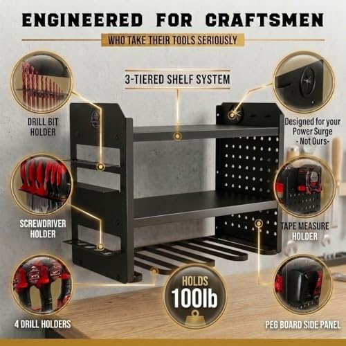 BUILTSTRONG Power Tool Organizer Wall Mount – 3-Tier Heavy-Duty Steel Rack, 4 Drill Slots, Pegboard + Utility Side, 100 lb Capacity – Garage, Workshop & Shed Storage (Black) - Image 2