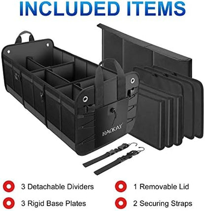 HAOKAY Car Trunk Organizer with Lid，Heavy Duty Extra Large Premium Black Oxford Multi Compartments Collapsible trunk organizer for SUV, Van, Truck, Sedan, Jeep （90L - Image 3