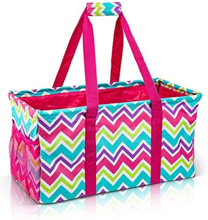 Extra Large Utility Tote Bag - Oversized Collapsible Reusable Wire Frame Rectangular Canvas Basket With Two Exterior Pockets For Beach, Pool, Laundry, Car Trunk, Storage - Chevron Multi by Lucazzi