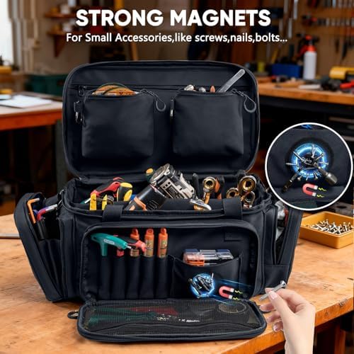 Heavy Duty Tool Bag Organizer with Strong Magnets & Detachable Pouches, Tactical Tool Tote for Men, Multiple Pockets, Anti-Friction Bottom Utility Tool's Bag for Electrician,Mechanic - Image 3